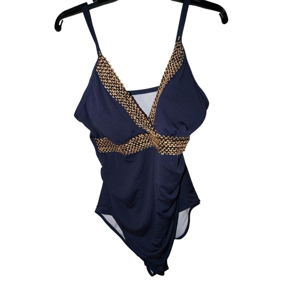 Navy Blue One Piece Swimsuit Gold Chain Trim Ribbed Surplice V-Neck Swimwear